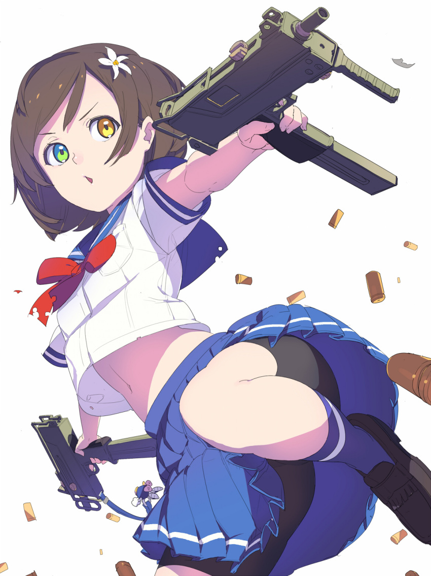 1girl aiming bike_shorts black_shorts blue_legwear blue_skirt bowtie brown_hair brown_shoes bullet dual_wielding finger_on_trigger flower green_eyes gun hair_flower hair_ornament heterochromia highres hisho_collection holding_gun holding_weapon kneehighs loafers looking_away looking_to_the_side midriff miniskirt nagisa_kurousagi navel orange_eyes original outstretched_arms pleated_skirt red_bowtie school_uniform serafuku shoes short_hair short_sleeves shorts shorts_under_skirt simple_background skirt solo spread_arms torn_clothes upshirt upskirt weapon white_background white_blouse white_flower