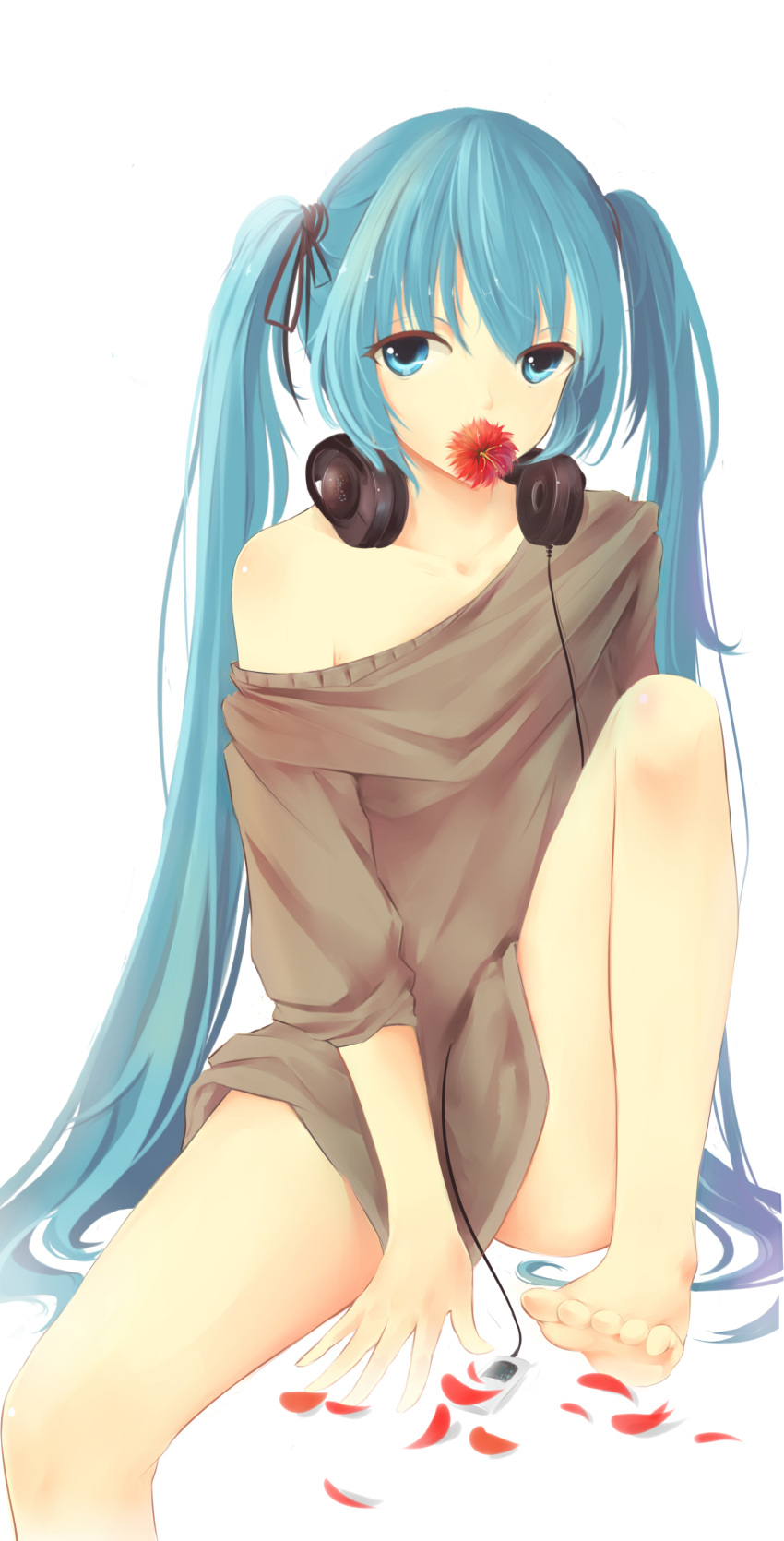 1girl absurdres barefoot black_ribbon blue_eyes blue_hair dre flower flower_in_mouth hair_ribbon hatsune_miku headphones headphones_around_neck highres long_hair looking_at_viewer off-shoulder_shirt off_shoulder ribbon shirt simple_background solo sweater twintails vocaloid white_background