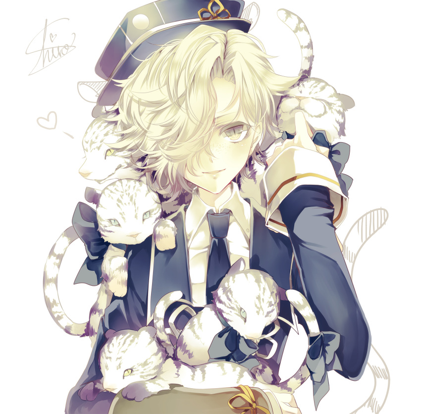 artist_name black_necktie blonde_hair collared_shirt gokotai gokotai's_tigers hair_over_one_eye hat highres jacket long_sleeves looking_at_viewer male_focus military military_uniform necktie petting shiro_(himawari) shirt signature sleeves_folded_up smile solo tiger tiger_cub touken_ranbu uniform white_shirt white_tiger yellow_eyes