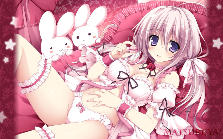 1girl :&lt; :3 :d ahoge babydoll blush_stickers braid breasts choker detached_sleeves frilled_sleeves frills hair_ribbon hand_on_own_stomach highres holding holding_food leg_garter low_twintails lying macaron nanaroba_hana on_back open_mouth original panties pillow pink_hair ribbon smile solo star stuffed_animal stuffed_bunny stuffed_toy twintails underwear violet_eyes white_panties wrist_cuffs
