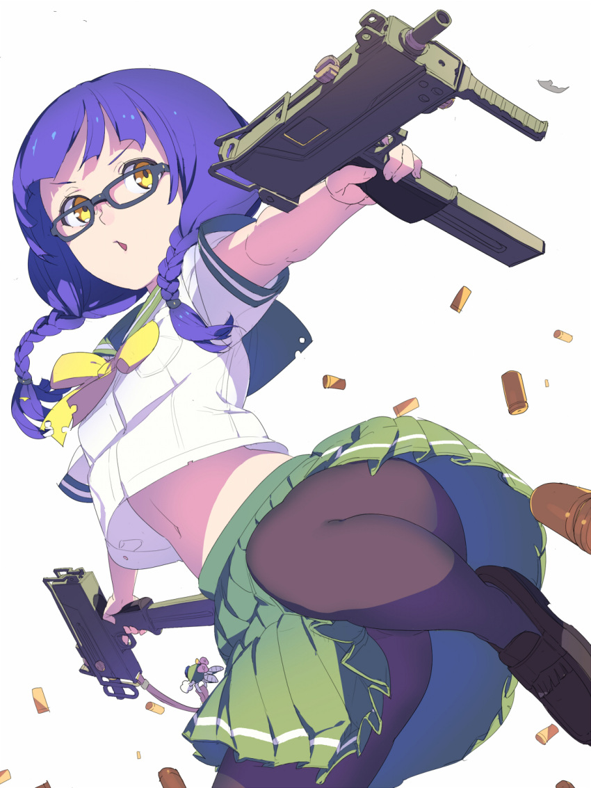 1girl aiming black-framed_glasses black_legwear bowtie braid brown_shoes bullet dual_wielding finger_on_trigger green_skirt gun hair_over_shoulder highres hisho_collection holding_gun holding_weapon loafers long_hair looking_away looking_to_the_side midriff miniskirt nagisa_kurousagi navel original outstretched_arms pantyhose pleated_skirt purple_hair school_uniform serafuku shoes short_sleeves simple_background skirt solo spread_arms torn_clothes twin_braids upshirt upskirt weapon white_background white_blouse yellow_bowtie yellow_eyes