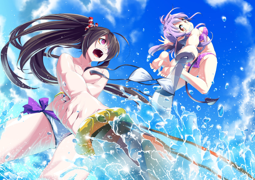 2girls action angry ass assisted_exposure barefoot bat_wings bikini bikini_top_removed breasts brown_hair clenched_teeth clouds collarbone covering covering_breasts demon_girl demon_tail drop fingernails from_below hair_ornament highres horns itou_ittousai_(sengoku_collection) jumping katana large_breasts long_hair multiple_girls open_mouth pointy_ears ponytail purple_bikini purple_hair sarong sengoku_collection shouting sky smile swimsuit sword tail teeth tongue transparent_sword transparent_weapon tsukahara_bokuden_(sengoku_collection) violet_eyes water weapon white_bikini white_swimsuit wide_ponytail wings yellow_eyes