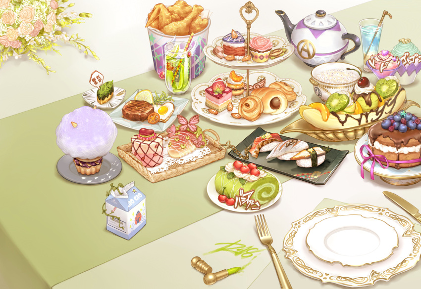 almond banana beef bird bucket butter_knife cake chain cherry chocolate cookie cupcake dessert drink egg esha flower food fork fried_chicken fruit glass highres ice_cream ice_cube jojo_no_kimyou_na_bouken kiwi lemon lipstick_tube milk_carton no_humans original peace_symbol peach plate rose still_life sushi tablecloth teapot vines