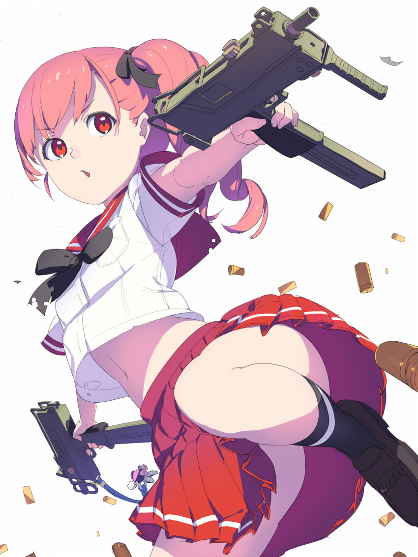 1girl aiming black_bowtie black_legwear black_ribbon bowtie brown_shoes bullet curly_hair dual_wielding finger_on_trigger gun hair_ribbon highres hisho_collection holding_gun holding_weapon kneehighs loafers long_hair looking_away looking_to_the_side midriff miniskirt nagisa_kurousagi navel original outstretched_arms pink_hair pleated_skirt red_eyes red_skirt ribbon school_uniform serafuku shoes short_sleeves side_ponytail simple_background skirt solo spread_arms torn_clothes upshirt upskirt weapon white_background white_blouse
