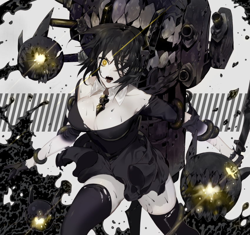 1girl :o angry bare_shoulders between_breasts black_gloves black_hair black_legwear black_shirt black_skin black_skirt bracelet breasts cannon cleavage dagger dark_persona detached_collar dress emje_(uncover) empty_eyes eyepatch gloves glowing glowing_eye hair_over_one_eye highres holding_weapon jewelry kantai_collection large_breasts looking_at_viewer pale_skin shinkaisei-kan shirt skirt solo sweat teeth tenryuu_(kantai_collection) thigh-highs torn_clothes torn_thighhighs weapon yellow_eyes