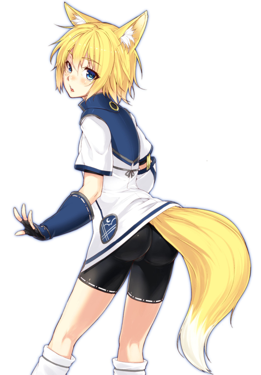 1girl :o animal_ears ass bike_shorts black_gloves blonde_hair blue_eyes blush fox_ears fox_tail gloves highres looking_at_viewer original phantasy_star phantasy_star_online_2 ryou@ryou short_hair simple_background solo tail white_background