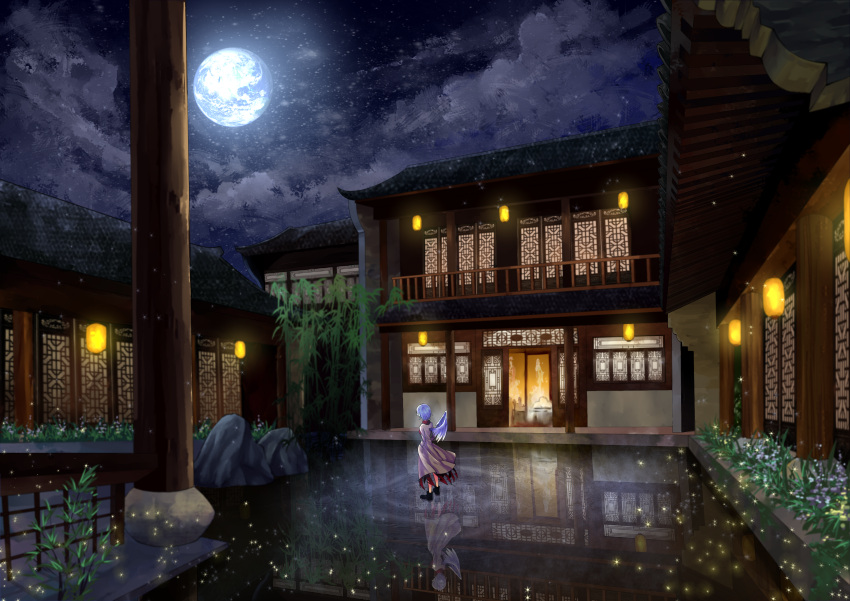 1girl absurdres boots building clouds dress from_behind full_body full_moon highres kishin_sagume ko_kita light_particles long_sleeves moon moonlight night night_sky reflection short_hair silver_hair single_wing sky solo touhou wings