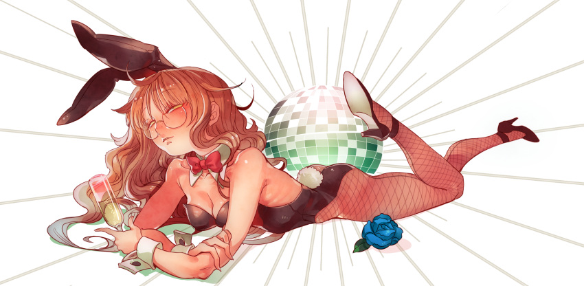 1girl alcohol animal_ears ankle_strap ass black_shoes breasts brown_hair bunny_girl bunny_tail bunnysuit champagne cleavage cup detached_collar disco_ball drinking_glass fake_animal_ears freckles glasses hayasaka high_heels highres leg_up light_rays long_hair looking_at_viewer lying no_pupils on_stomach original parted_lips rabbit_ears shoes simple_background skinny small_breasts solo tail white_background wine_glass wrist_cuffs yellow_eyes