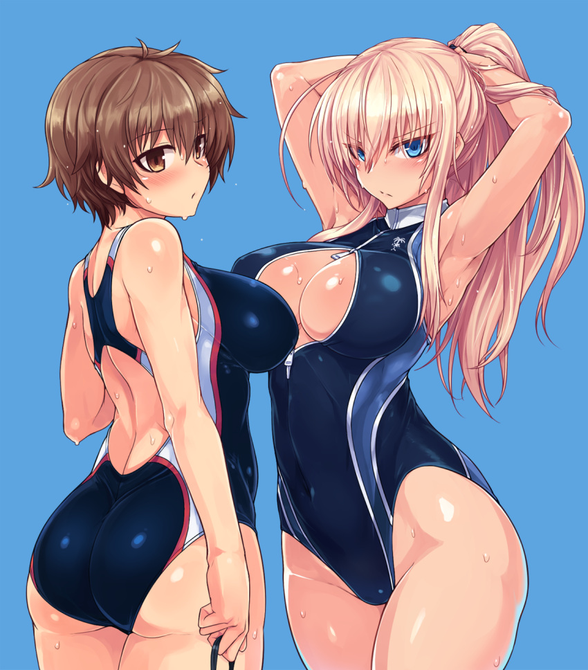 2girls adjusting_hair armpits arms_up ass back_cutout blonde_hair blue_eyes blush breasts brown_eyes brown_hair cleavage cleavage_cutout covered_navel cowboy_shot from_behind front_zipper_swimsuit goggles goggles_removed hanna-justina_marseille highres holding_goggles katou_keiko large_breasts long_hair looking_at_viewer looking_back multiple_girls null_(nyanpyoun) one-piece_swimsuit ponytail short_hair simple_background strike_witches swimsuit thighs tying_hair wet
