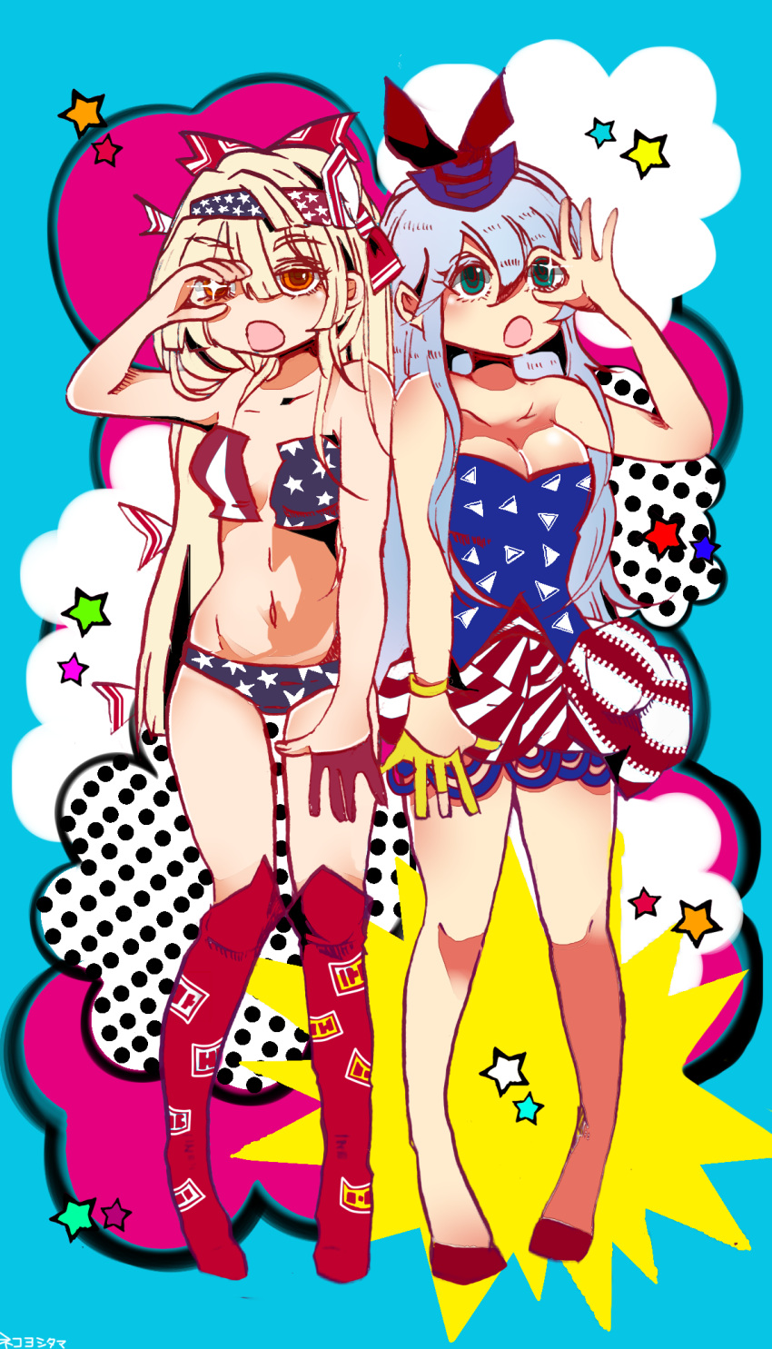 2girls alternate_costume alternate_eye_color alternate_hair_color american_flag_dress american_flag_panties bandana blonde_hair blue_background blue_eyes blue_hair boots bow breasts brown_eyes cleavage clouds colored_eyelashes commentary_request dress flag_print fujiwara_no_mokou hair_bow hair_over_shoulder hand_gesture hand_over_eye hat highres kamishirasawa_keine kaneda_tamago knee_boots long_hair looking_at_viewer looking_up multiple_girls open_mouth pigeon-toed polka_dot pop_art red_boots red_shoes ribbon_trim shoes short_dress small_breasts sparkle star tagme touhou very_long_hair