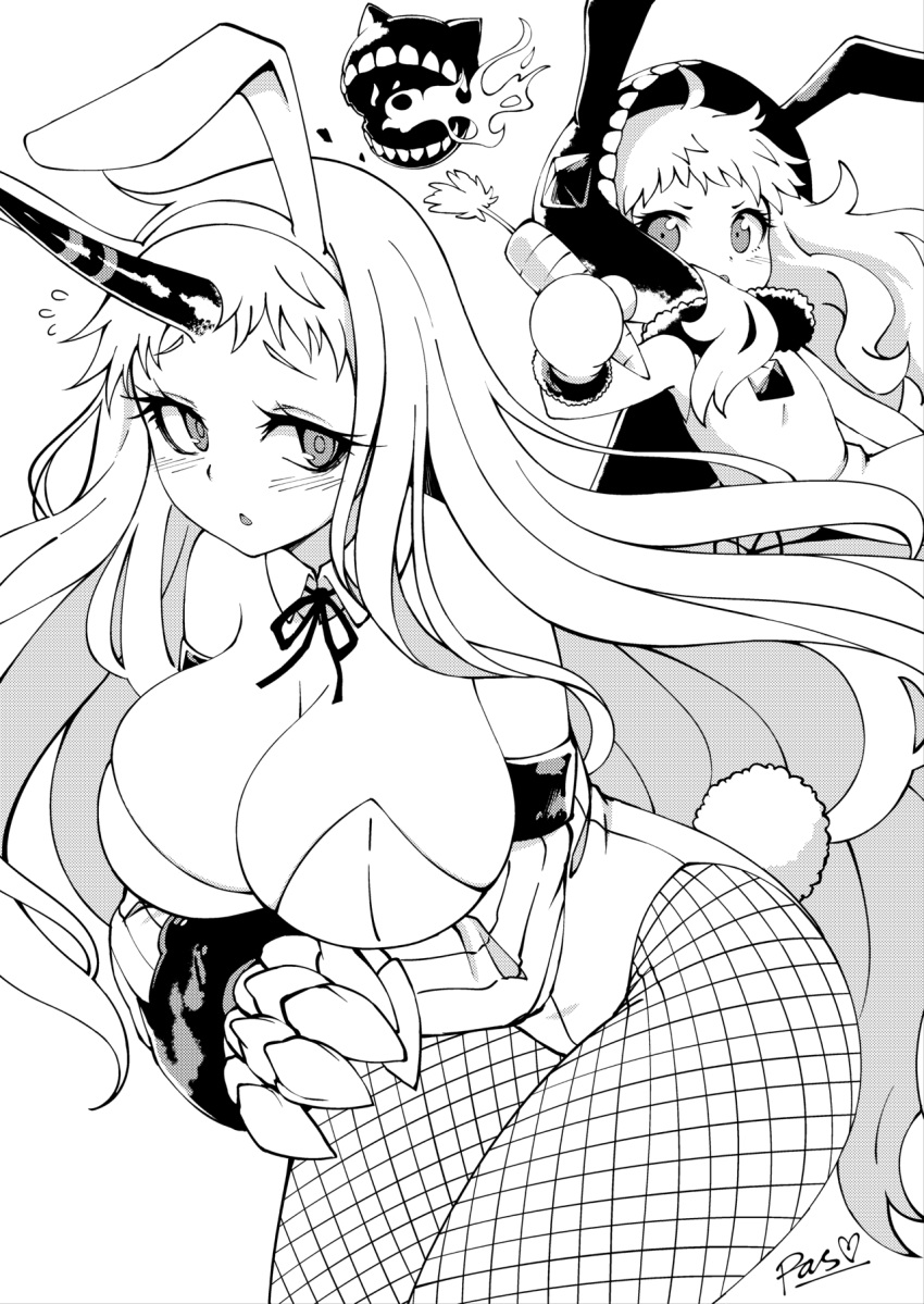2girls animal_ears animal_hat blush breasts bunny_girl bunny_tail bunnysuit carrot claws cleavage creature detached_collar fake_animal_ears fishnet_pantyhose fishnets flat_chest greyscale hat highres horn huge_breasts kantai_collection long_hair mittens monochrome multiple_girls northern_ocean_hime pantyhose pas_(paxiti) rabbit_ears seaport_hime shinkaisei-kan tail