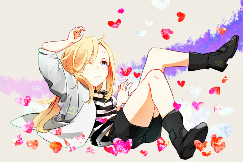 1girl black_boots black_shorts blonde_hair boots choker full_body heart jacket long_hair lying on_back one_eye_closed ray_(satsuriku_no_tenshi) satsuriku_no_tenshi shirt shorts solo sorurabu striped t-shirt