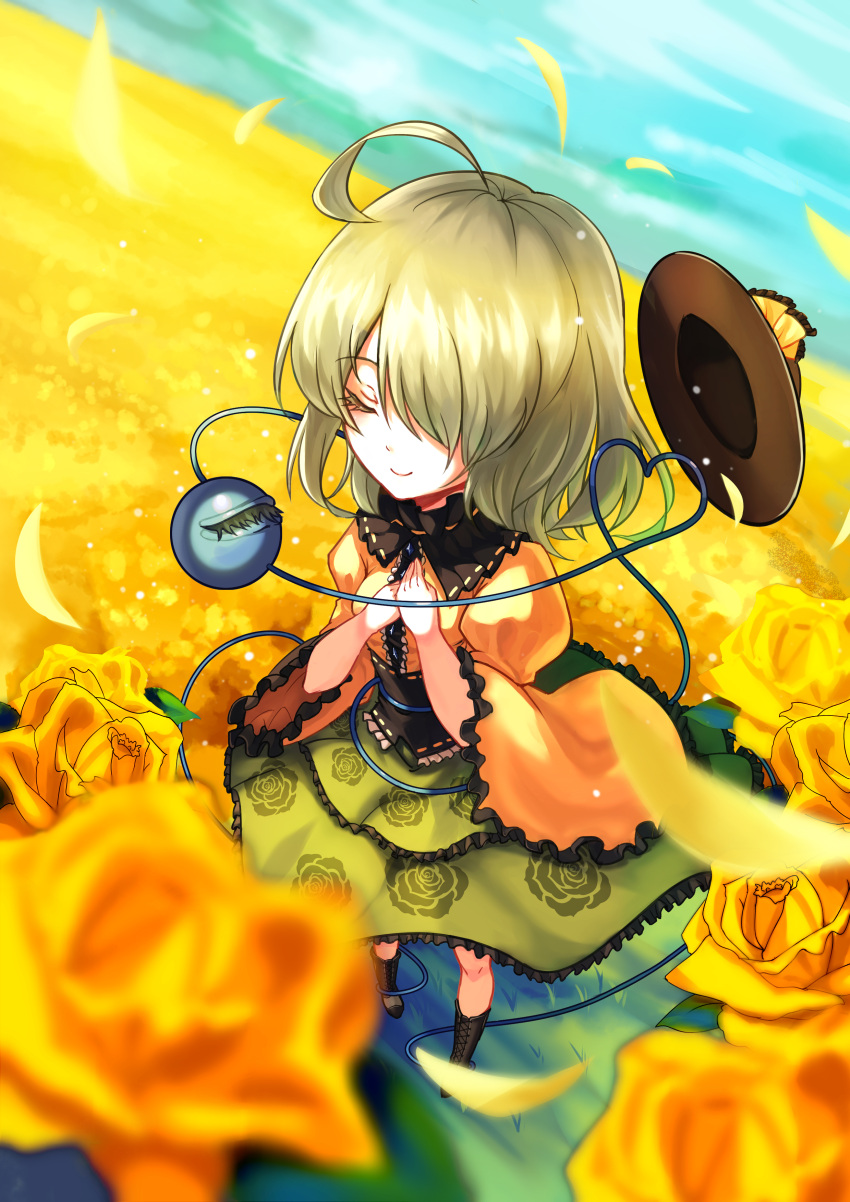 1girl absurdres ahoge black_boots blonde_hair blouse blurry boots bow closed_eyes colored_eyelashes commentary_request depth_of_field field floral_print flower flower_field frilled_collar frilled_skirt frilled_sleeves frills grass green_hair green_skirt hair_over_one_eye hands_on_own_chest hat hat_bow hat_removed headwear_removed heart heart_of_string highres knee_boots koissa komeiji_koishi light_particles long_sleeves petals ribbon-trimmed_collar ribbon_trim rose shirt short_hair skirt small_breasts smile solo third_eye touhou yellow_rose yellow_shirt