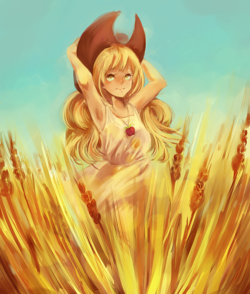 1girl absurdres apple applejack artist_request blonde_hair cowboy_hat food freckles fruit hat highres my_little_pony my_little_pony_friendship_is_magic solo wheat