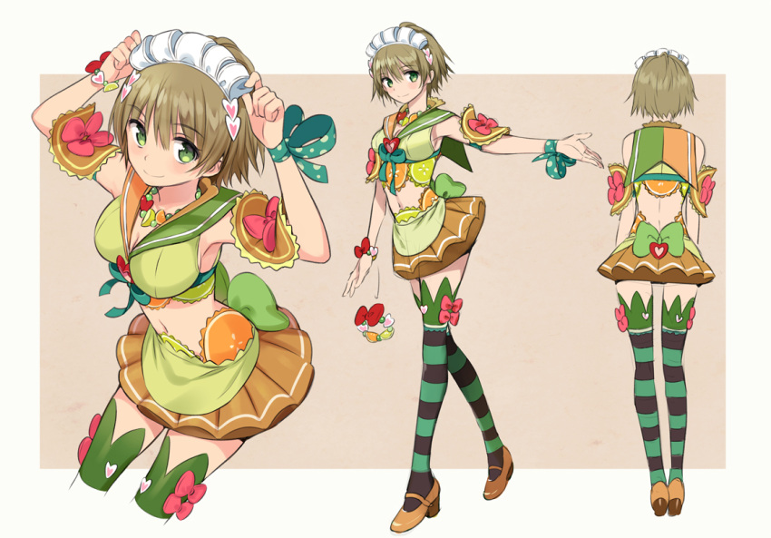 1girl bow brown_hair character_sheet food food_themed_clothes fruit fruit_tart green_eyes headdress looking_at_viewer midriff ninomoto original outstretched_arm personification short_hair smile striped striped_legwear thigh-highs
