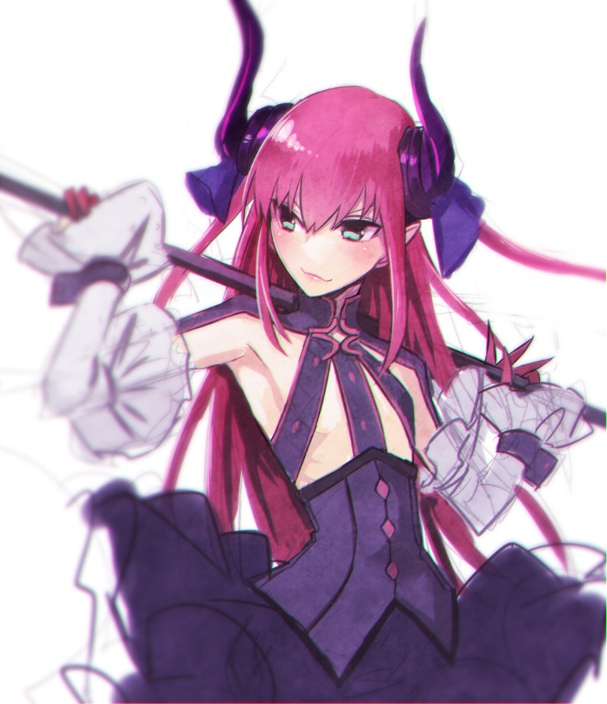 1girl armpits blue_eyes detached_sleeves fate/extra fate/extra_ccc fate_(series) hair_ribbon highres hinomoto_madoka horns lancer_(fate/extra_ccc) pink_hair pointy_ears polearm ribbon smile solo spear weapon