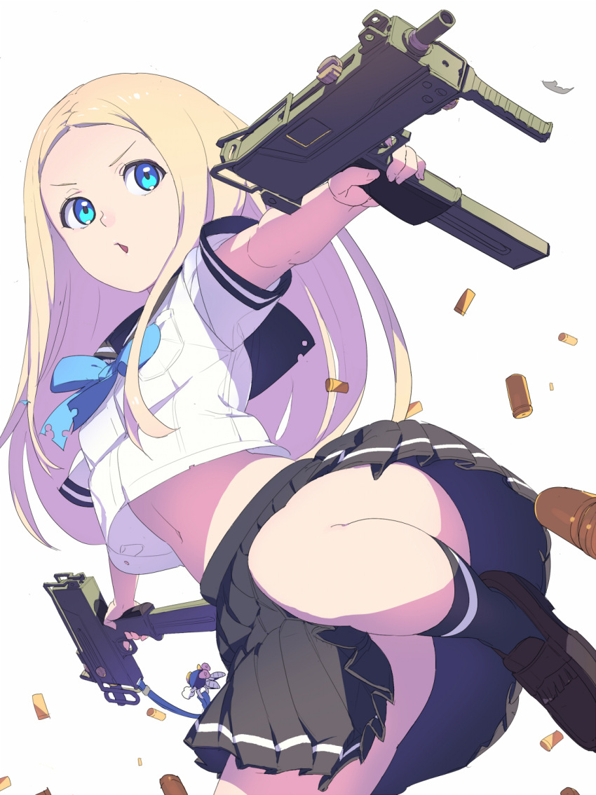 1girl aiming black_legwear black_skirt blonde_hair blue_bowtie bowtie brown_shoes bullet dual_wielding finger_on_trigger gun highres hisho_collection holding_gun holding_weapon kneehighs loafers long_hair looking_away looking_to_the_side midriff miniskirt nagisa_kurousagi navel original outstretched_arms pleated_skirt school_uniform serafuku shoes short_sleeves simple_background skirt solo spread_arms torn_clothes upshirt upskirt weapon white_background white_blouse