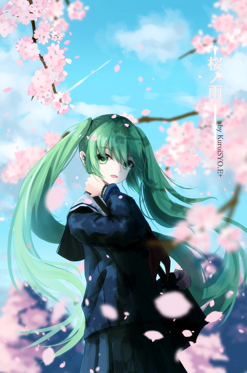 absurdres cherry_blossoms green_eyes green_hair hatsune_miku highres k.syo.e+ long_hair looking_at_viewer outdoors pleated_skirt school_uniform skirt sky twintails vocaloid