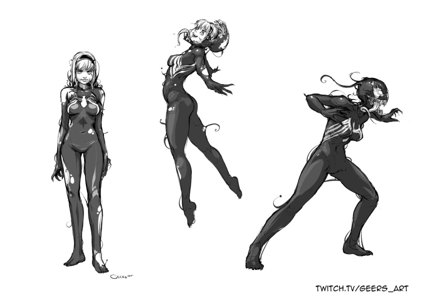 1girl ass bad_end breasts darren_geers female fusion greyscale gwen_stacy hairband long_tongue marvel monochrome navel no_pussy sharp_teeth short_hair skin_tight spider-gwen spider-man_(series) symbiote tongue tongue_out venom_(marvel) watermark web_address