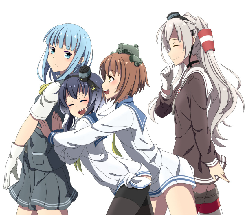 4girls :d ^_^ amatsukaze_(kantai_collection) black_hair blue_eyes blue_hair blush breasts brown_dress brown_eyes brown_hair closed_eyes commentary_request dress from_side gloves grey_skirt hair_ornament hair_tubes hairband hands_on_another's_back hatsukaze_(kantai_collection) headgear kantai_collection leaning_forward long_hair long_sleeves looking_back lowleg_pantyhose multiple_girls open_mouth pantyhose pleated_skirt pushing sailor_dress school_uniform seamed_legwear serafuku shirt short_dress short_hair short_hair_with_long_locks short_sleeves side-seamed_legwear silver_hair simple_background single_glove skirt small_breasts smile thigh-highs tied_shirt toho-77 tokitsukaze_(kantai_collection) two_side_up vest walking white_background white_gloves white_hair windsock yukikaze_(kantai_collection)