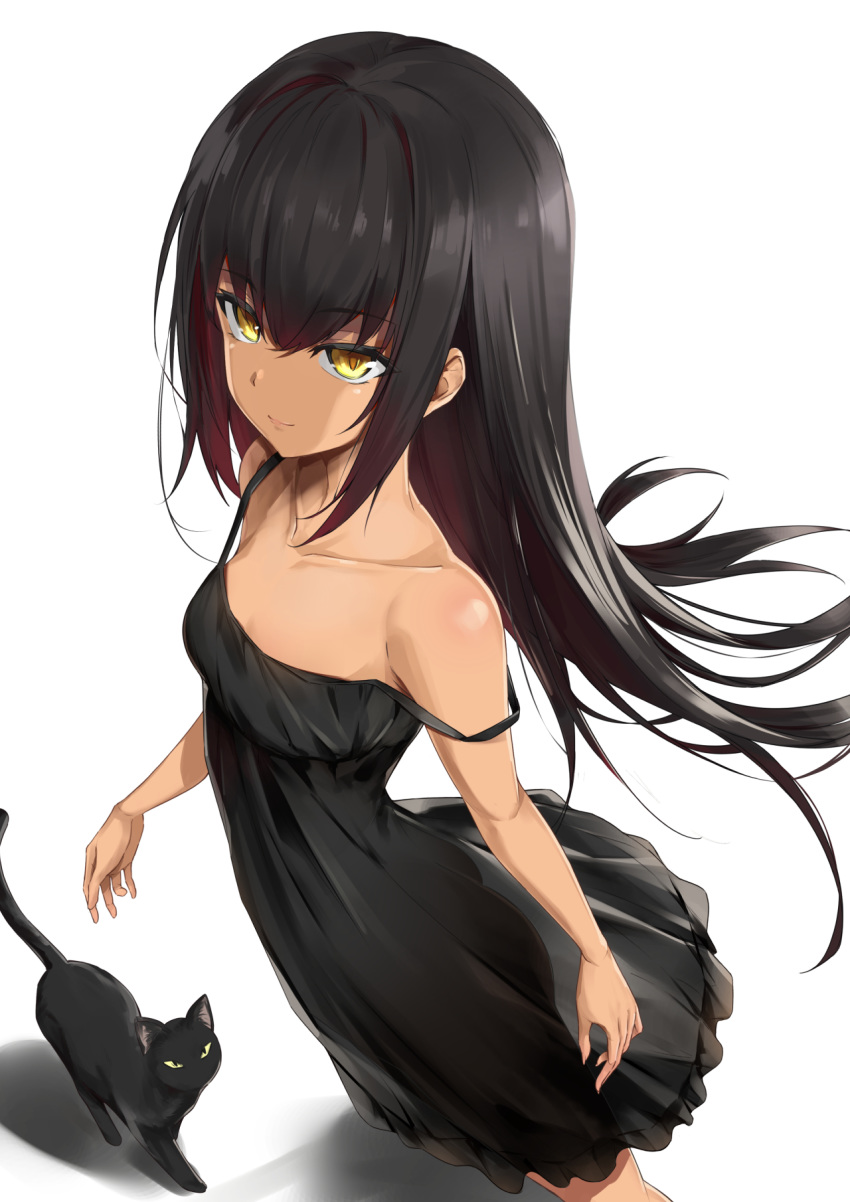 1girl bangs bitterpain black_dress black_hair breasts cat closed_mouth collarbone dress eyebrows_visible_through_hair floating_hair hair_between_eyes highres long_hair master_nemesis off_shoulder shiny shiny_hair short_dress simple_background sleeveless sleeveless_dress small_breasts smile solo spaghetti_strap standing strap_gap to_love-ru to_love-ru_darkness very_long_hair white_background yellow_eyes