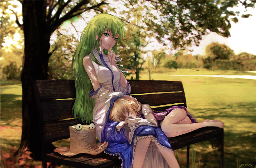 2girls ass bangs bench blonde_hair blue_skirt detached_sleeves dyolf finger_to_mouth grass green_eyes green_hair hair_ornament hair_ribbon hand_on_another's_head hat hat_removed headwear_removed index_finger_raised kochiya_sanae lap_pillow long_hair long_sleeves looking_at_viewer lying moriya_suwako multiple_girls on_side outdoors panties pantyshot pantyshot_(lying) park park_bench ribbon shushing signature sitting skirt snake_hair_ornament touhou tree underwear upskirt white_panties x_hair_ornament