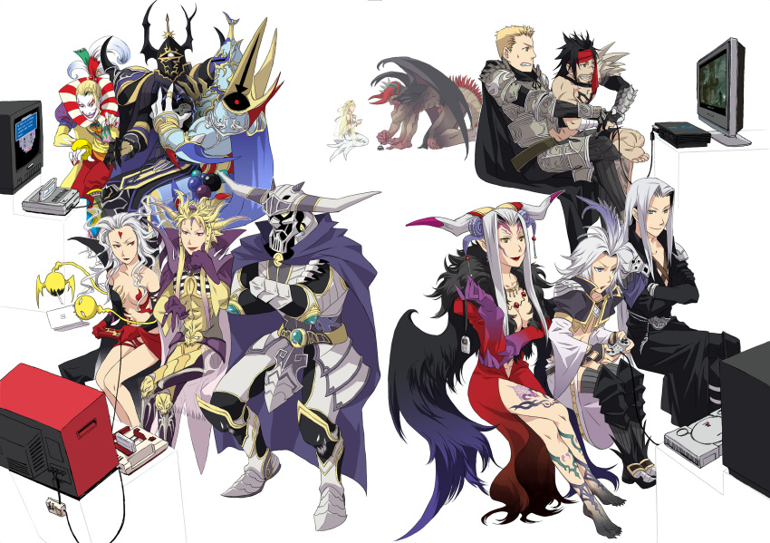 arita_youko armor barefoot blonde_hair brown_hair cape cefca_palazzo chaos_(dff) cloud_of_darkness clown cosmos_(dff) crossed_arms dissidia_final_fantasy dress emperor_(ff2) emperor_palamecia everyone exdeath extra_arms famicom feet final_fantasy final_fantasy_i final_fantasy_ii final_fantasy_iii final_fantasy_iv final_fantasy_ix final_fantasy_v final_fantasy_vi final_fantasy_vii final_fantasy_viii final_fantasy_x final_fantasy_xi final_fantasy_xii gabranth garland_(ff1) golbeza headband helmet highres horns jecht judge_gabranth kefka_palazzo kuja multi_arm multi_limb multiple_girls nes nintendo_ds orz playing_games playstation playstation_2 playstation_portable pocketstation psp rogues_gallery sephiroth silver_hair smile snake snes spoilers super_famicom tarutaru tattoo television ultimecia video_game video_games white_hair wings