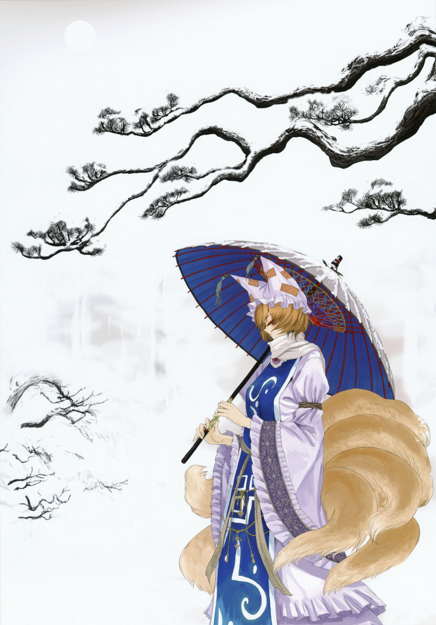 absurdres blonde_hair closed_eyes embellished_costume eyeshadow fox_tail frills hat highres huge_filesize multiple_tails oriental_umbrella scarf short_hair snow solo standing tail touhou tsurui umbrella wide_sleeves yakumo_ran