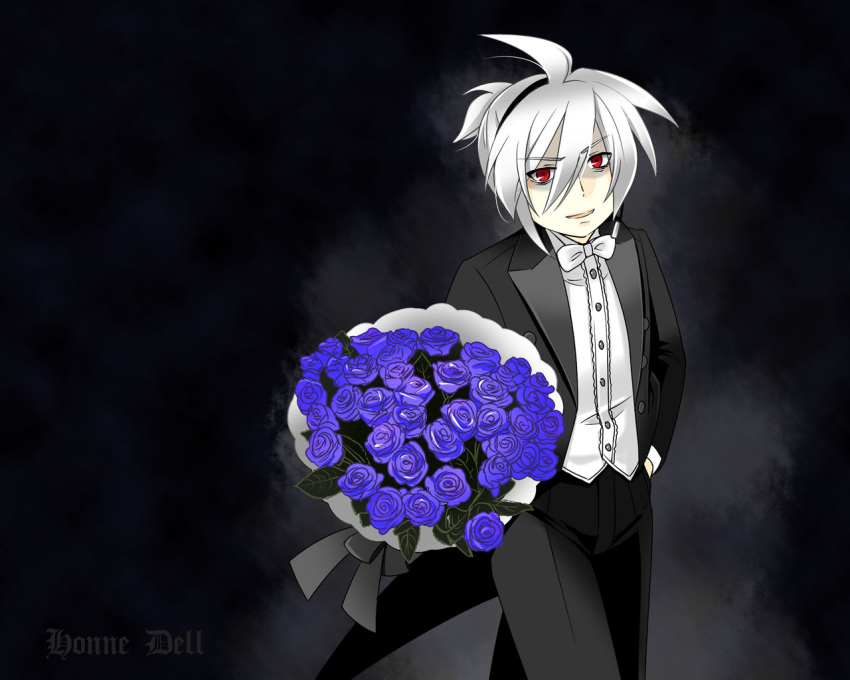 albino black caffein flower headphones honne_dell male red_eyes rose silver_hair tuxedo vocaloid voyakiloid