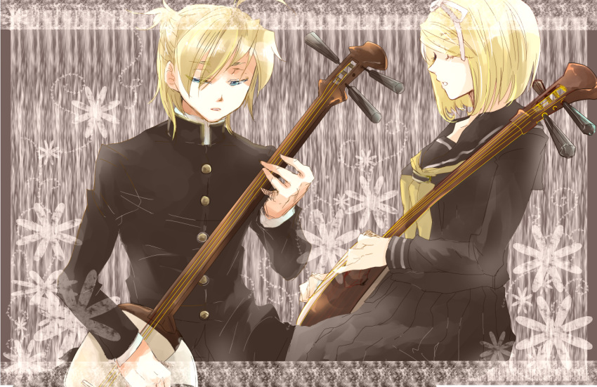 blonde_hair blue_eyes hair_ribbon instrument kagamine_len kagamine_rin plectrum ribbon sachirou school_uniform serafuku shamisen shamisen_(instrument) short_hair siblings skirt twins vocaloid