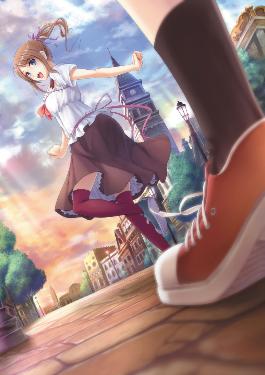 blue_eyes blurry brown_hair chobipero depth_of_field dutch_angle from_below hair_ribbon highres lamppost looking_back open_mouth original ponytail ribbon sett shoes skirt smile sneaker sneakers socks street thigh-highs thighhighs town