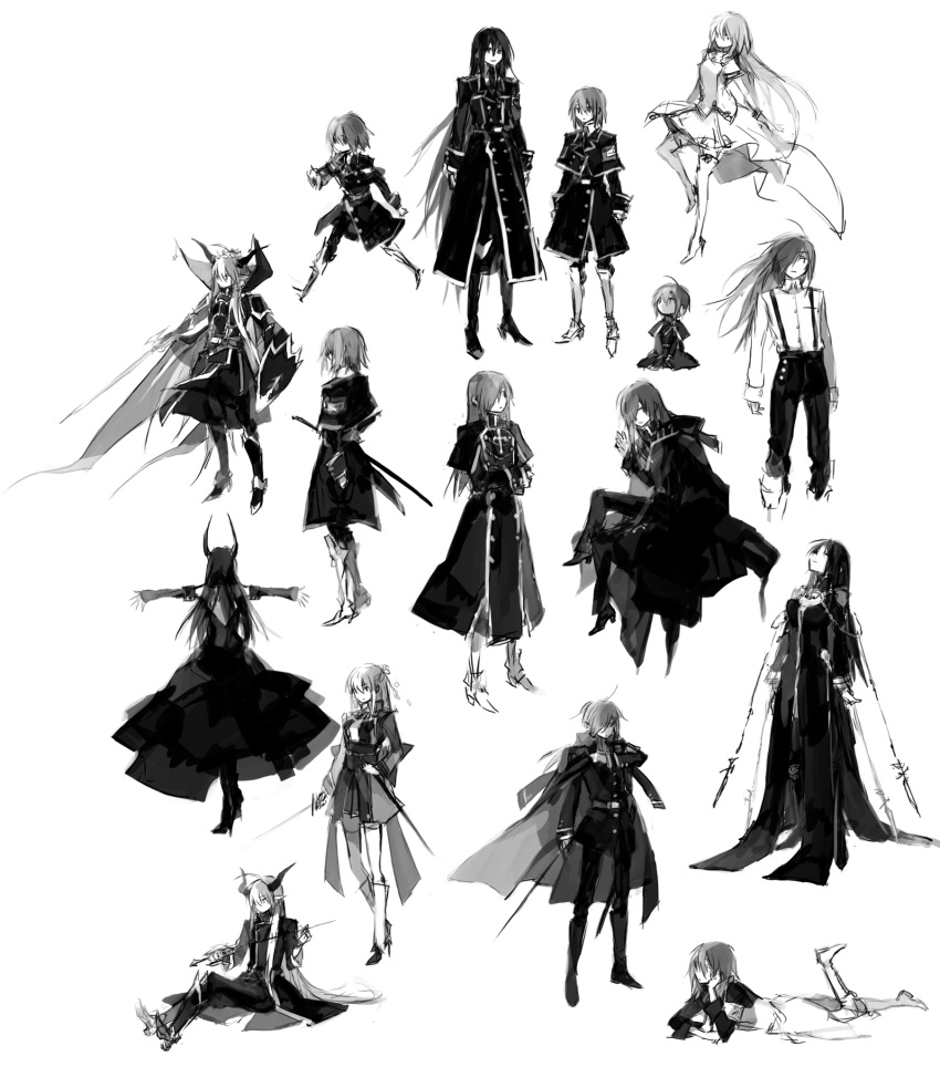 ahoge cape child crossed_arms formal highres horns long_hair monochrome on_stomach overcoat running shield sitting starshadowmagician suspenders