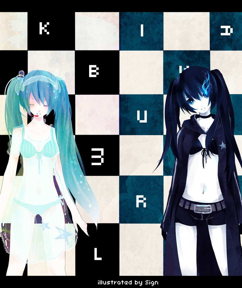 aqua_hair bangs belt bikini bikini_top black_hair black_rock_shooter black_rock_shooter_(character) blue_eyes checkered choker closed_eyes coat front-tie_top gloves glowing glowing_eyes hairband hatsune_miku headphones headset highres hood jacket long_hair midriff multiple_girls navel pale_skin see-through short_shorts shorts sign_(artist) star swimsuit twintails uneven_twintails vocaloid