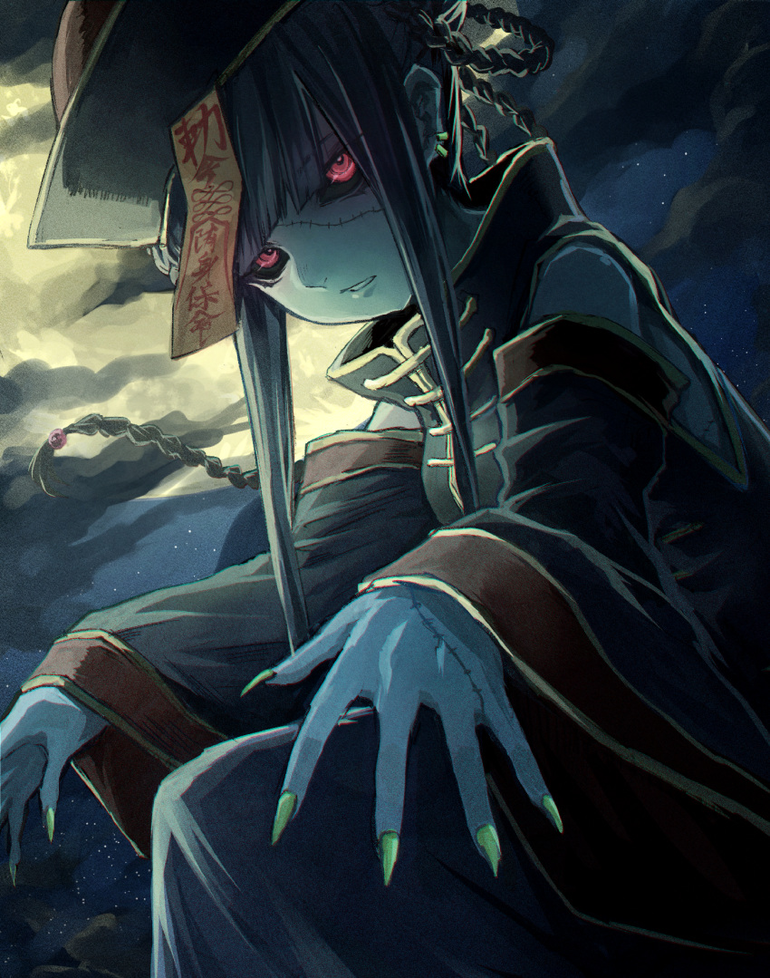 1girl black_hair braid chinese_clothes clouds cloudy_sky deadman's_cross detached_sleeves hat highres jiangshi long_hair long_sleeves looking_at_viewer mephist-pheles outstretched_arms pink_eyes sky solo stitches wide_sleeves zombie_pose