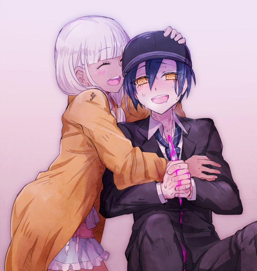 1boy 1girl bangs blood blue_hair blush_stickers closed_eyes dangan_ronpa dark_skin dress drooling eyes_visible_through_hair formal gradient gradient_background hat highres holding holding_knife knife necktie new_dangan_ronpa_v3 open_mouth saihara_shuuichi smile suit sumimoto_ryuu sweat twintails white_hair yellow_eyes yonaga_angie