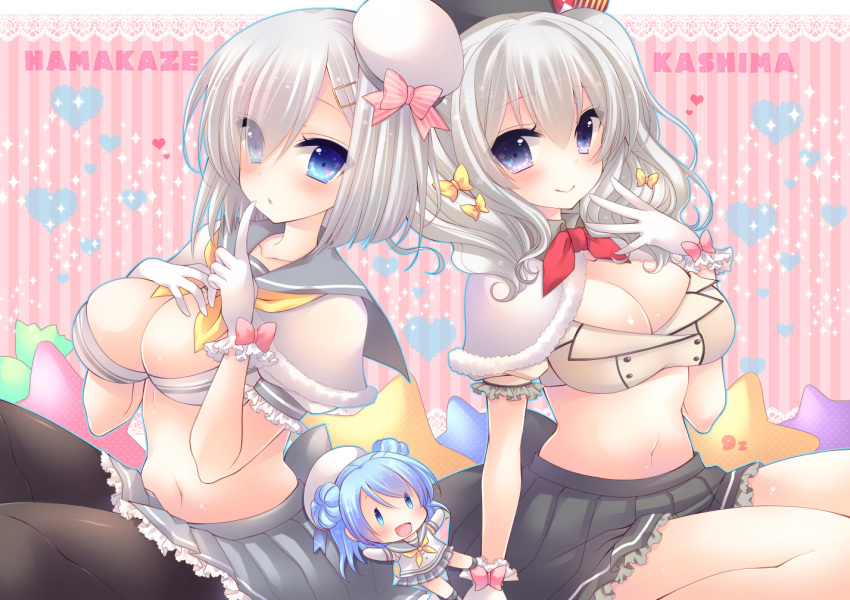 2girls :d adapted_costume beret black_legwear blue_eyes blue_hair blush breasts buttons capelet character_doll character_name cleavage double_bun elbow_gloves gloves hair_ornament hair_over_one_eye hair_ribbon hairclip hamakaze_(kantai_collection) hat heart kantai_collection kashima_(kantai_collection) large_breasts long_hair looking_at_viewer miniskirt multiple_girls navel open_mouth pantyhose pleated_skirt pocopoco puffy_short_sleeves puffy_sleeves ribbon sailor_hat school_uniform serafuku short_hair short_sleeves silver_hair skirt smile sparkle star tsurime twintails uniform urakaze_(kantai_collection) wavy_hair white_gloves