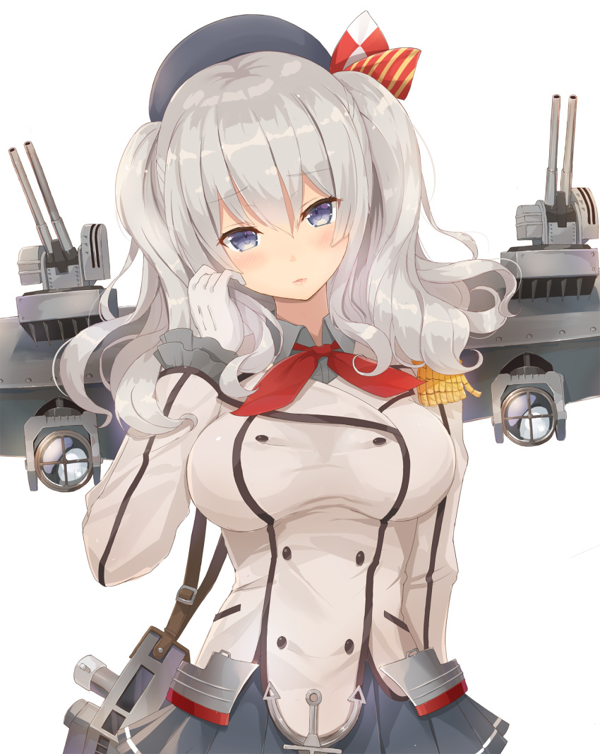 1girl blue_eyes blush breasts hat highres kagerou_(shadowmage) kantai_collection kashima_(kantai_collection) looking_at_viewer military military_uniform silver_hair solo twintails uniform