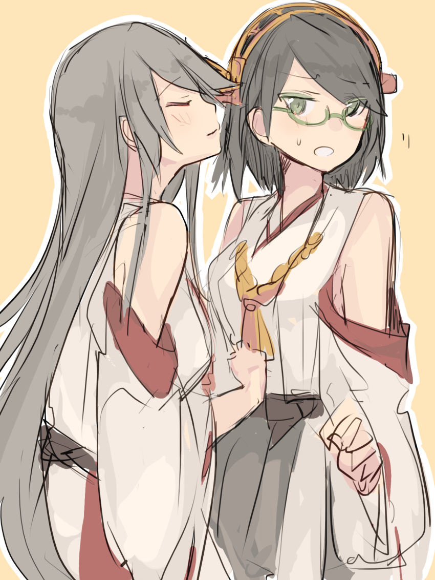 2girls bare_shoulders black_hair closed_eyes detached_sleeves glasses hairband haruna_(kantai_collection) highres japanese_clothes kantai_collection kirishima_(kantai_collection) long_hair multiple_girls no_headband nontraditional_miko open_mouth r_left short_hair smile very_long_hair