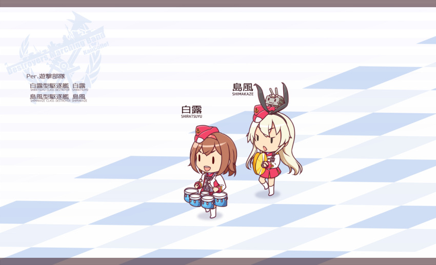 2girls blonde_hair brown_hair cymbals drum garrison_cap hat instrument isometric kantai_collection long_hair marching_band multiple_girls mumyoudou shimakaze_(kantai_collection) shiratsuyu_(kantai_collection) short_hair tagme