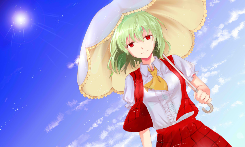 1girl absurdres ascot blue_sky breasts clouds collared_shirt green_hair highres kazami_yuuka light_particles light_rays long_skirt looking_at_viewer open_clothes open_vest parasol perspective plaid plaid_skirt plaid_vest red_eyes shiny shiny_hair shirt short_hair short_sleeves skirt sky solo sor_(mens0011) sun sunlight touhou umbrella upper_body vest white_shirt wind