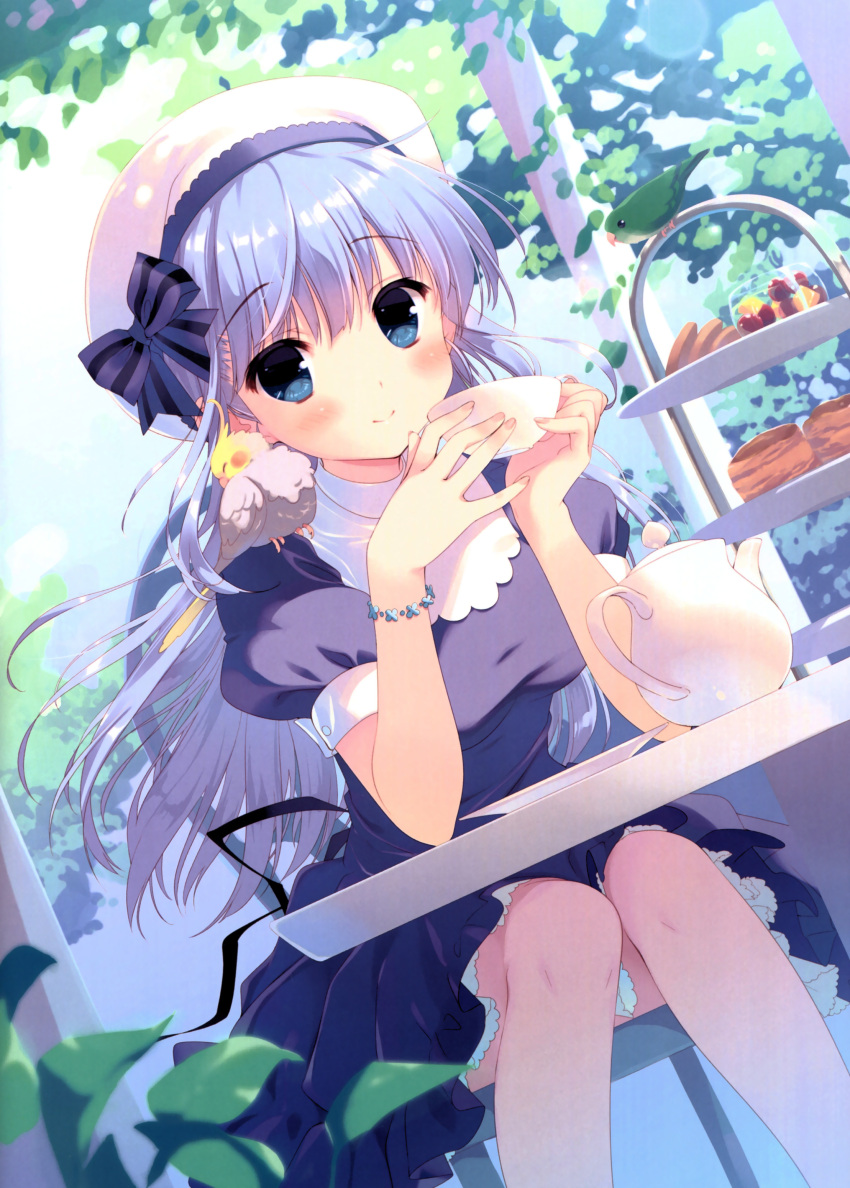 1girl absurdres animal_on_shoulder beret bird bird_on_shoulder blue_dress blue_eyes blue_hair blush bow bracelet cookie cup dress dutch_angle elbows_on_table food fruit hat highres holding jewelry long_hair original outdoors plant plate puffy_short_sleeves puffy_sleeves santa_matsuri short_sleeves smile solo table teacup teapot