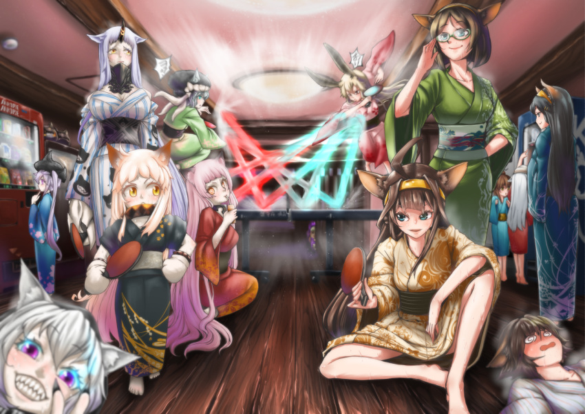 6+girls :d @_@ adjusting_glasses ahoge airfield_hime animal_ears aqua_eyes black_hair blue_eyes blurry brown_hair cat_ears claws commentary_request depth_of_field destroyer_hime double_bun fan glasses glowing glowing_eyes grin hair_ornament hairclip haruna_(kantai_collection) headgear hibiki_(kantai_collection) hiei_(kantai_collection) holding inazuma_(kantai_collection) jumping kantai_collection kemonomimi_mode kirishima_(kantai_collection) kongou_(kantai_collection) long_hair lying mittens multiple_girls northern_ocean_hime open_mouth paddle pale_skin paper_fan photobomb rabbit_ears re-class_battleship seaport_hime shimakaze_(kantai_collection) shinkaisei-kan short_hair sitting smile squarevr sweat table_tennis table_tennis_paddle uchiwa unconscious verniy_(kantai_collection) violet_eyes white_hair wo-class_aircraft_carrier wooden_floor yellow_eyes