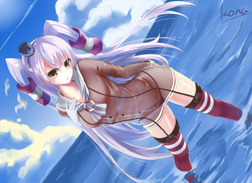 1girl amatsukaze_(kantai_collection) artist_name black_bikini_bottom blue_sky blush brown_eyes buttons clouds collarbone condensation_trail dutch_angle hair_tubes hairband hand_on_own_chest hat head_tilt kantai_collection leaning_forward loading_(vkjim0610) long_hair long_sleeves looking_at_viewer mini_hat ocean red_legwear sailor_collar see-through shiny shiny_skin silver_hair sky solo standing thigh-highs twintails very_long_hair wading water wet wet_clothes
