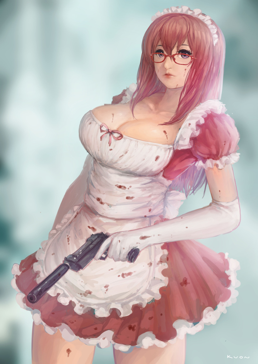 1girl absurdres artist_name blood blood_on_breasts blood_on_face bloody_clothes blurry_background breasts cleavage collarbone cowboy_shot dress dutch_angle elbow_gloves expressionless frilled_dress frills glasses gloves gun hair_between_eyes hair_over_shoulder handgun highres holding_gun holding_weapon kuon_(kwonchanji) large_breasts lips long_hair looking_at_viewer looking_to_the_side maid nose original pink_dress pink_hair pistol red-framed_glasses ribbon short_dress short_sleeves suppressor thighs violet_eyes weapon white_gloves