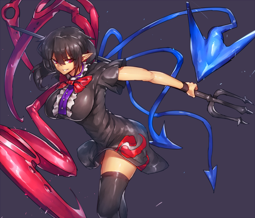 1girl asymmetrical_wings black_dress black_hair black_legwear bow breasts dress grin houjuu_nue large_breasts looking_at_viewer pointy_ears polearm red_eyes smile solo temmasa22 thighs touhou trident weapon wings