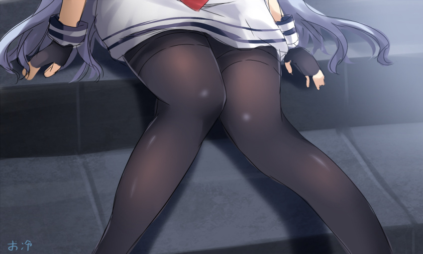 1girl black_gloves black_legwear commentary_request dress fingerless_gloves gloves kantai_collection knees_together_feet_apart long_hair lower_body murakumo_(kantai_collection) ohiya pantyhose sailor_dress silver_hair sitting solo thighband_pantyhose thighs
