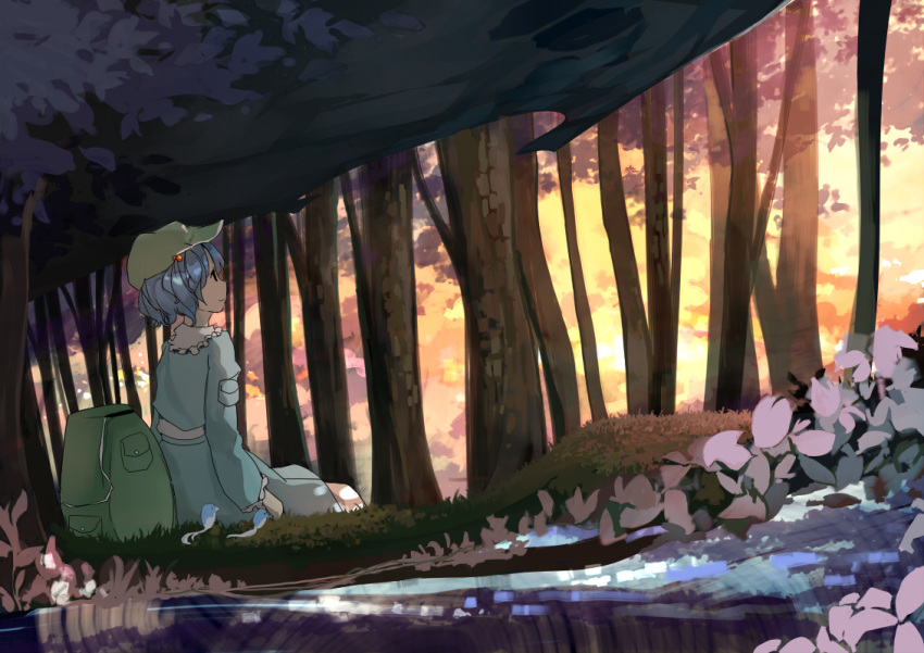 1girl backpack bag blue_hair blue_jacket blue_skirt cabbie_hat clouds cropped_jacket evening flower forest frilled_collar frilled_sleeves frills grass hair_bobbles hair_ornament hat jacket kawashiro_nitori looking_afar nature pocket reflection scenery shiny shiny_hair shirt skirt smile solo sunset touhou tree uwa water white_shirt