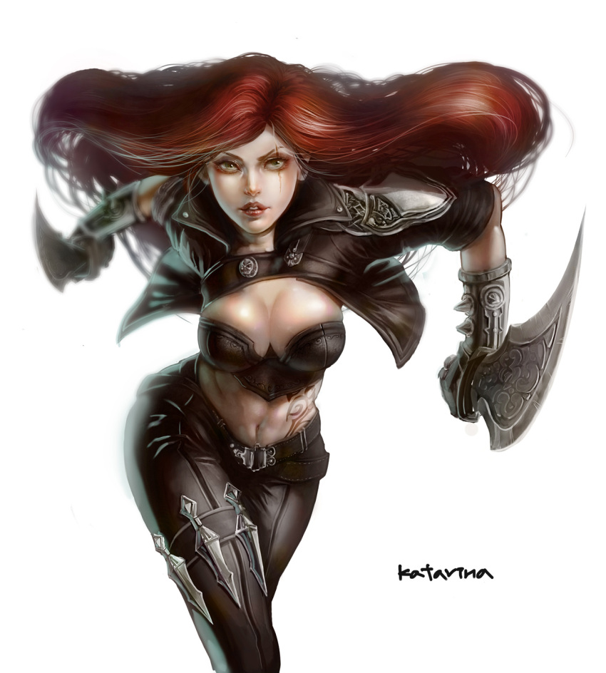 1girl aiming_at_viewer attack black_gloves black_jacket black_pants breasts character_name cleavage cropped_jacket dual_wielding floating_hair gauntlets gloves grey_eyes highres jacket katarina_du_couteau large_breasts league_of_legends long_hair midriff navel pants parted_lips r_pg red_lips redhead running scar scar_across_eye simple_background solo spaulders strapless sword tattoo thigh_strap toned tubetop weapon white_background