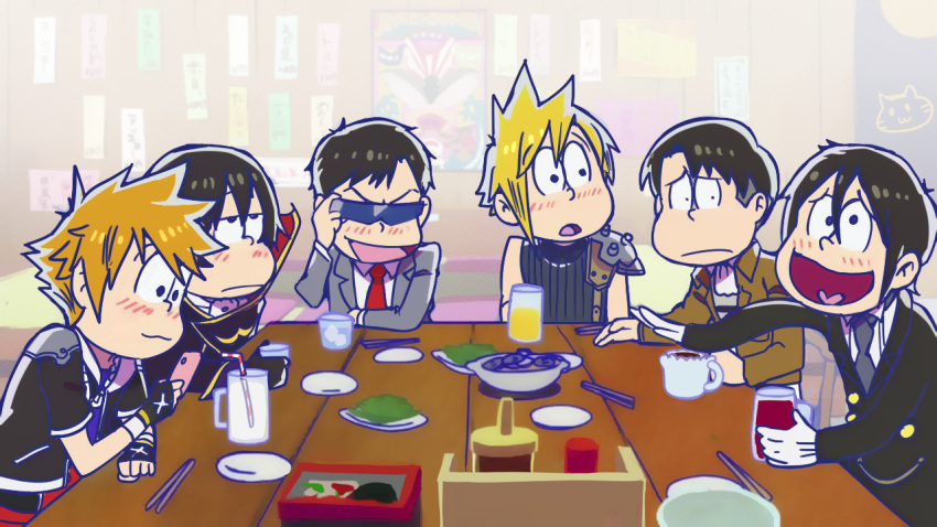 6+boys :3 :d adjusting_sunglasses alcohol armor ascot bangs beer black_hair blazer blonde_hair blush bored brothers brown_hair cape cellphone chopsticks choromatsu cloud_strife code_geass coffee commentary cropped_jacket crossover cup d: drinking_glass drinking_straw excited final_fantasy final_fantasy_vii fingerless_gloves food frown fukuyama_jun gekkan_shoujo_nozaki-kun glass gloves hair_between_eyes half-closed_eyes heart heart_in_mouth holding_phone ice_cube ichimatsu irino_miyu jacket jyushimatsu kamiya_hiroshi karamatsu kingdom_hearts kuroshitsuji lelouch_lamperouge levi_(shingeki_no_kyojin) long_sleeves looking_at_another male_focus military military_uniform mug multiple_boys multiple_crossover nakamura_yuuichi necktie nozaki_umetarou ono_daisuke open_mouth osomatsu-kun osomatsu-san osomatsu_(osomatsu-kun) parody phone plate red_necktie restaurant rosel-d sakurai_takahiro school_uniform sebastian_michaelis seiyuu_connection sextuplets shingeki_no_kyojin siblings sleeveless smile sora_(kingdom_hearts) spiky_hair style_parody sunglasses todomatsu uniform white_gloves wine wooden_table