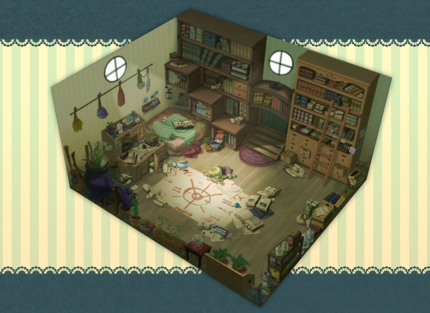 1girl artist_request book bookshelf broom carpet coffee_beans diagram herb interior isometric lantern lying on_stomach pestle plant potted_plant room scroll sleeping stairs table vegetable window